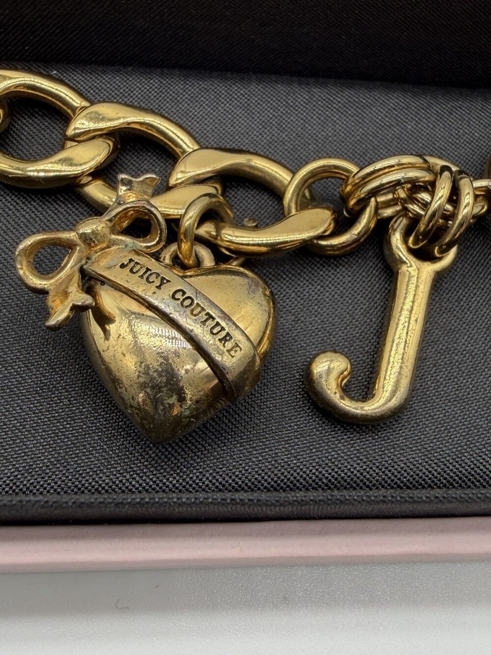 Juicy Couture Toggle Bracelet Gold Tone Good Bow Heart J Charm 7 Inch‎ Box